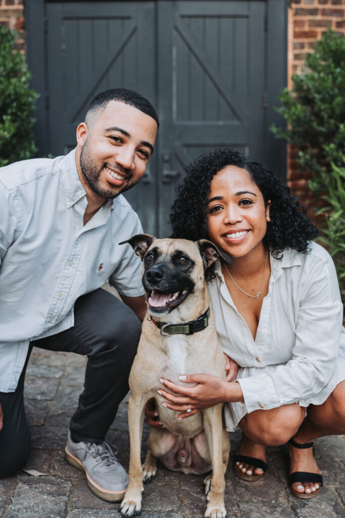 Engagement photos with puppy at Roswell Mill Ruins.