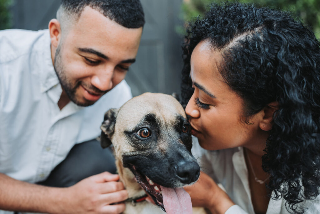 Engagement photos with puppy at Roswell Mill Ruins.