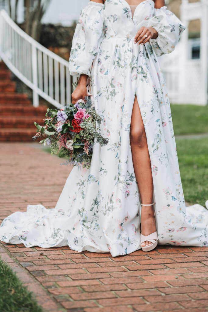 Bride wearing a non-traditional wedding dress. Wedding at Whitlock Inn.