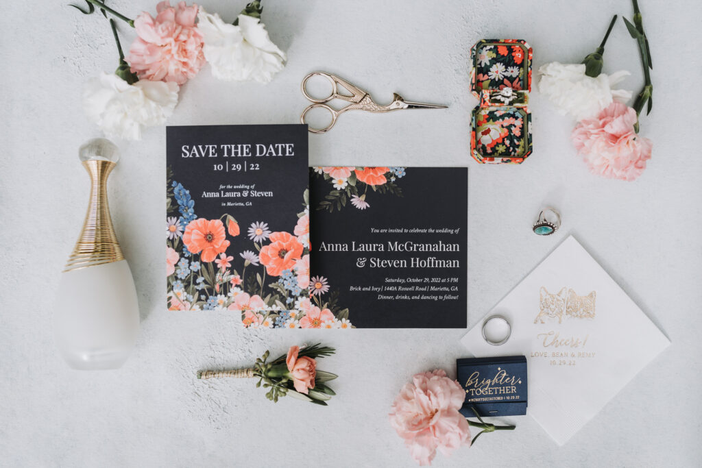 Flat Lay wedding details featuring pets on napkins.