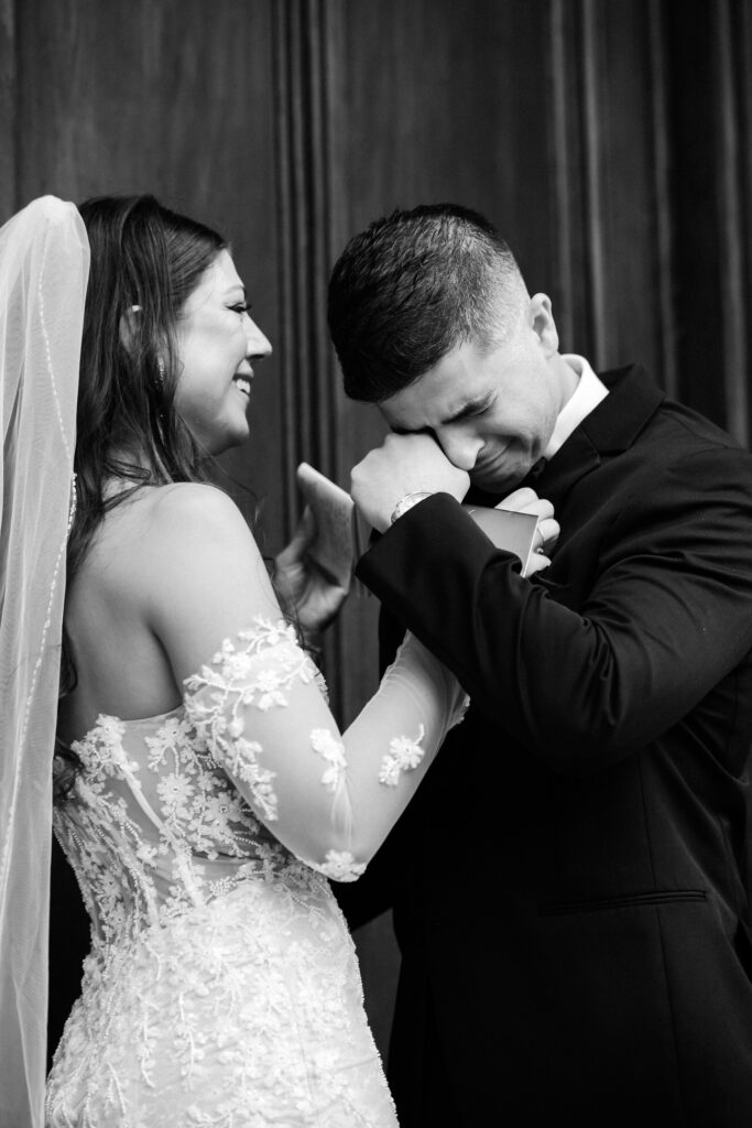 Bride and groom first look at Cathedral Basilica of St. John the Baptist.