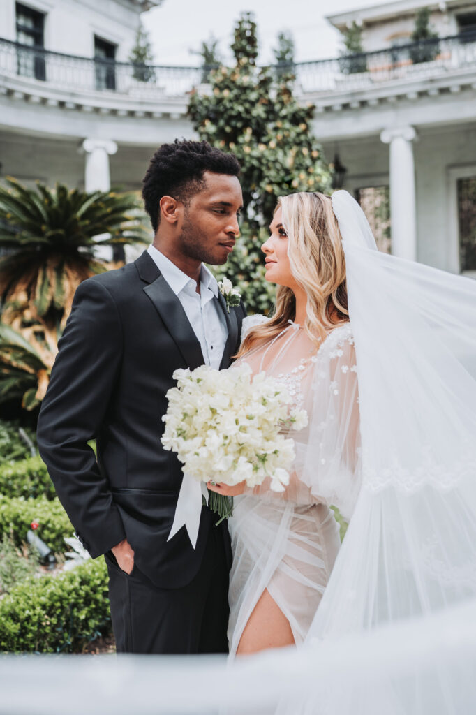Bride and Groom gazing at each other at Savannah wedding at Armstrong Kessler Mansion