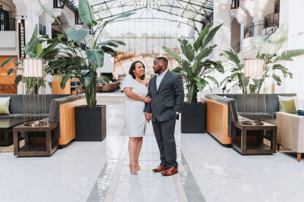 engaged couple at fancy venue