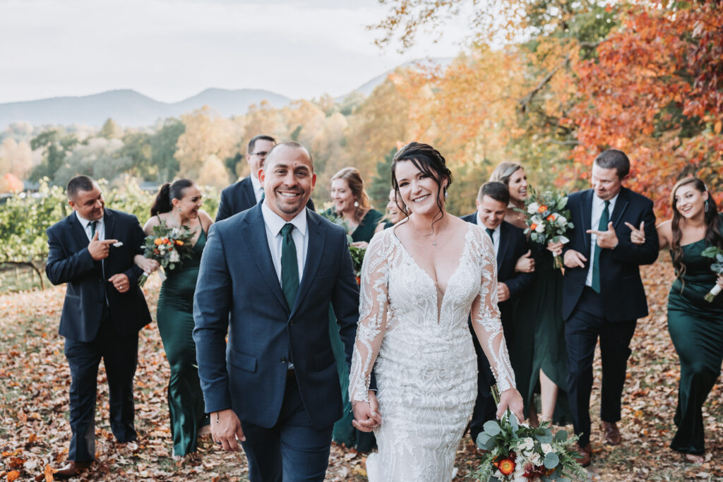 wedding party walking at Crane Creek Vineyards 