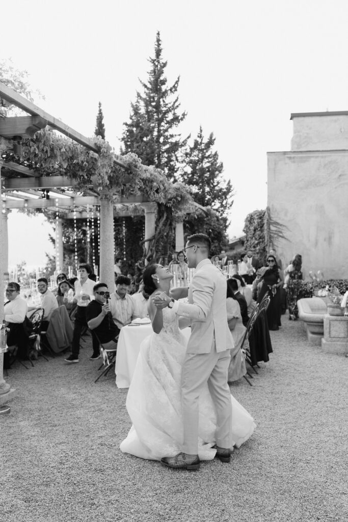 bride and groom dance during their wedding reception in Lake Como at Hotel Villa Cipressi