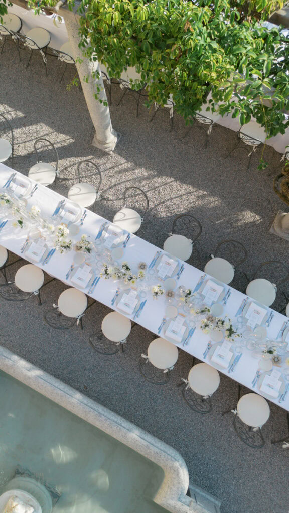 Aerial drone photo of a wedding table at Villa Cipressi in Lake Como
